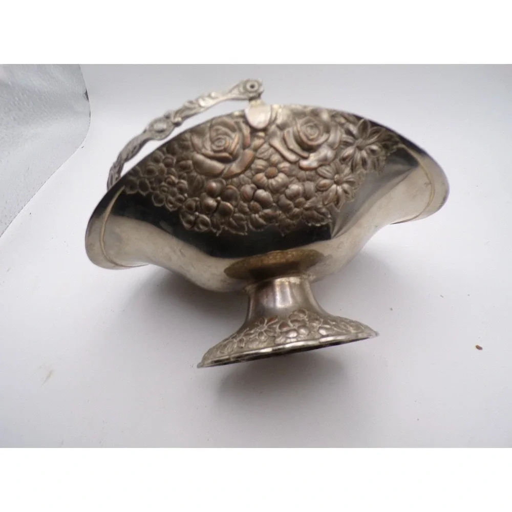 Vintage Ornate Silver‎ Plated Basket with Handle Floral Design Home Decor
